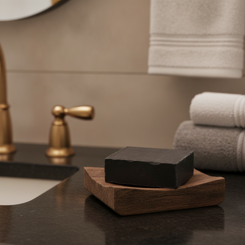 Black Soap Bar on a wooden soap dish beside folded towels and sink fixtures in a warm bathroom setting.