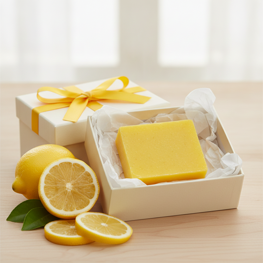 Lemon Zest Soap Bar in a gift box with lemon slices, whole lemons, green leaves, and yellow ribbon.