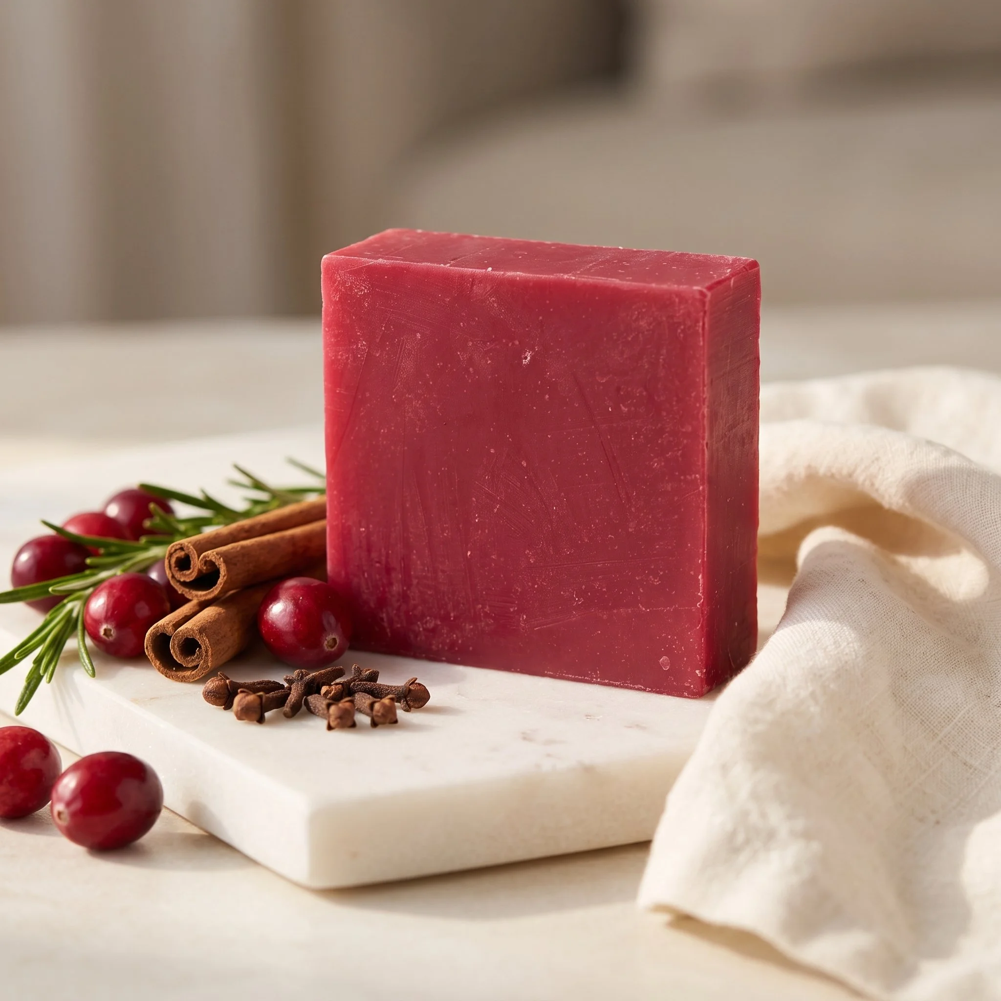 Cranberry Spice Soap Bar on a marble tray with cranberries, cinnamon sticks, cloves, and soft fabric.
