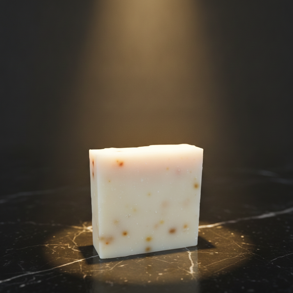 Mango Papaya Soap Bar on a dark marble surface with warm spotlighting.