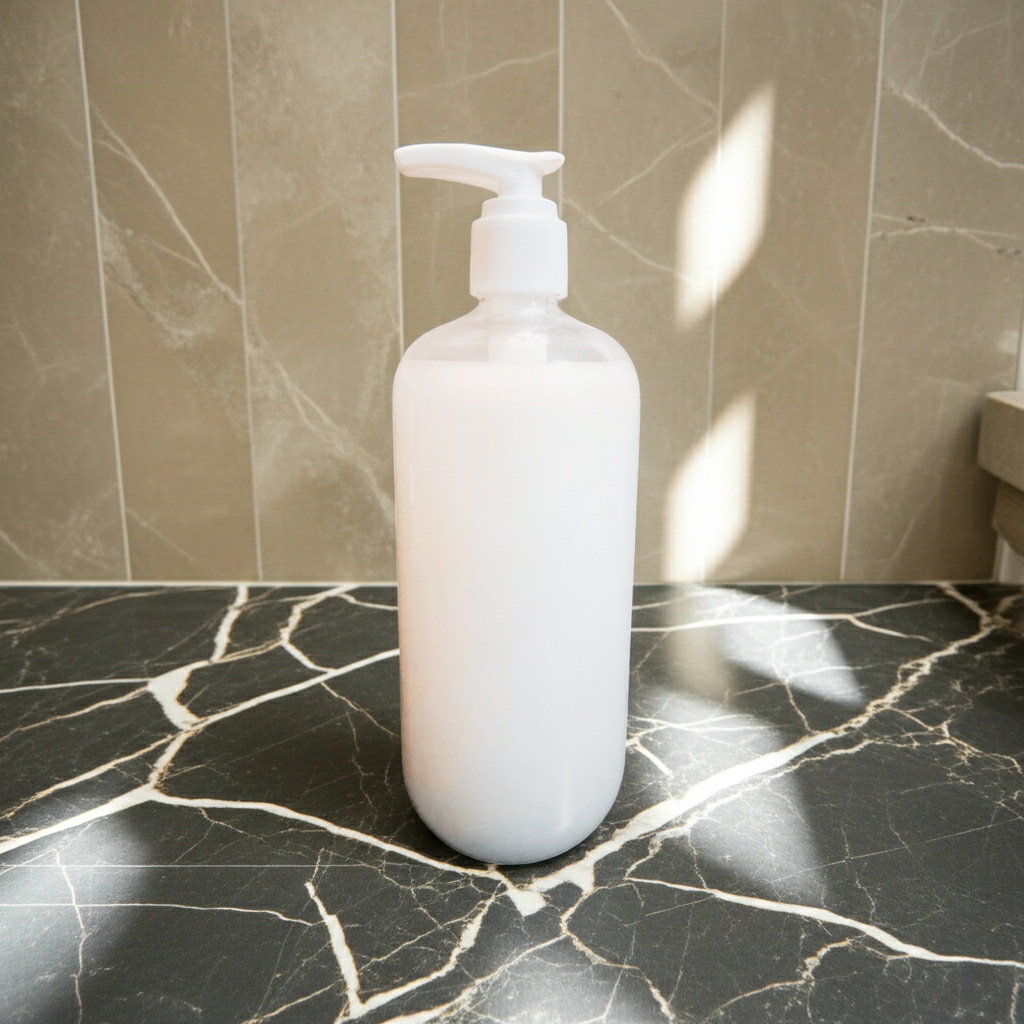 A warm, elevated product image of Sensitive Skin Body Wash from The White Line set on black marble with natural light, giving the bottle a clean and premium feel.
