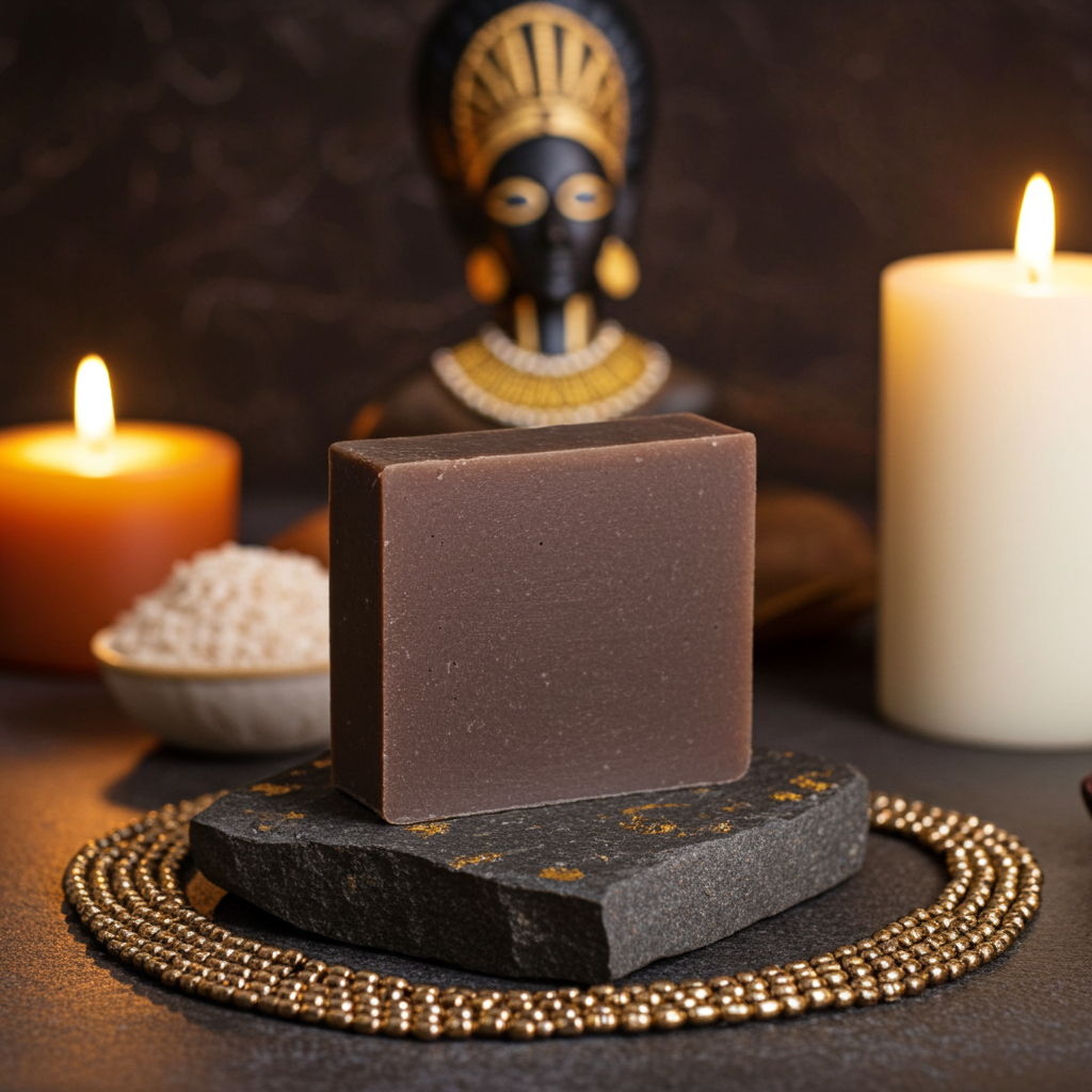Queen Nandi Soap bar displayed on a dark stone stand with gold bead accents, surrounded by lit candles and a Zulu-inspired figurine in the background.