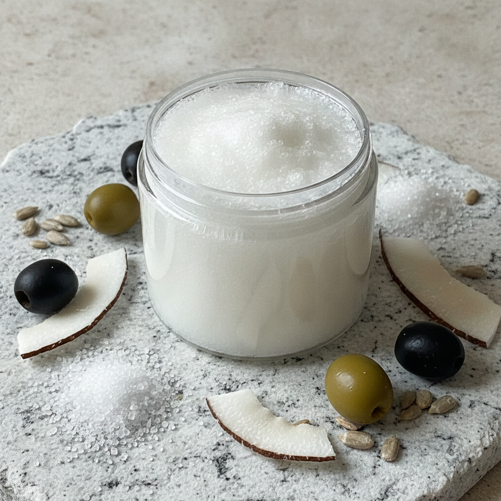 Open jar of Unscented Raw Sugar Scrub surrounded by sugar crystals, coconut pieces, olives, and sunflower seeds.