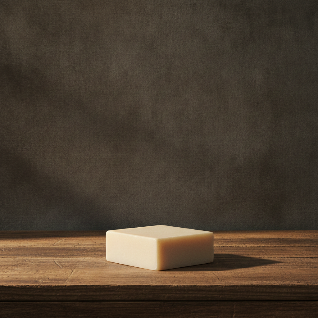 Unscented Goat’s Milk Facial Soap resting on a rustic wooden table against a dark textured background.