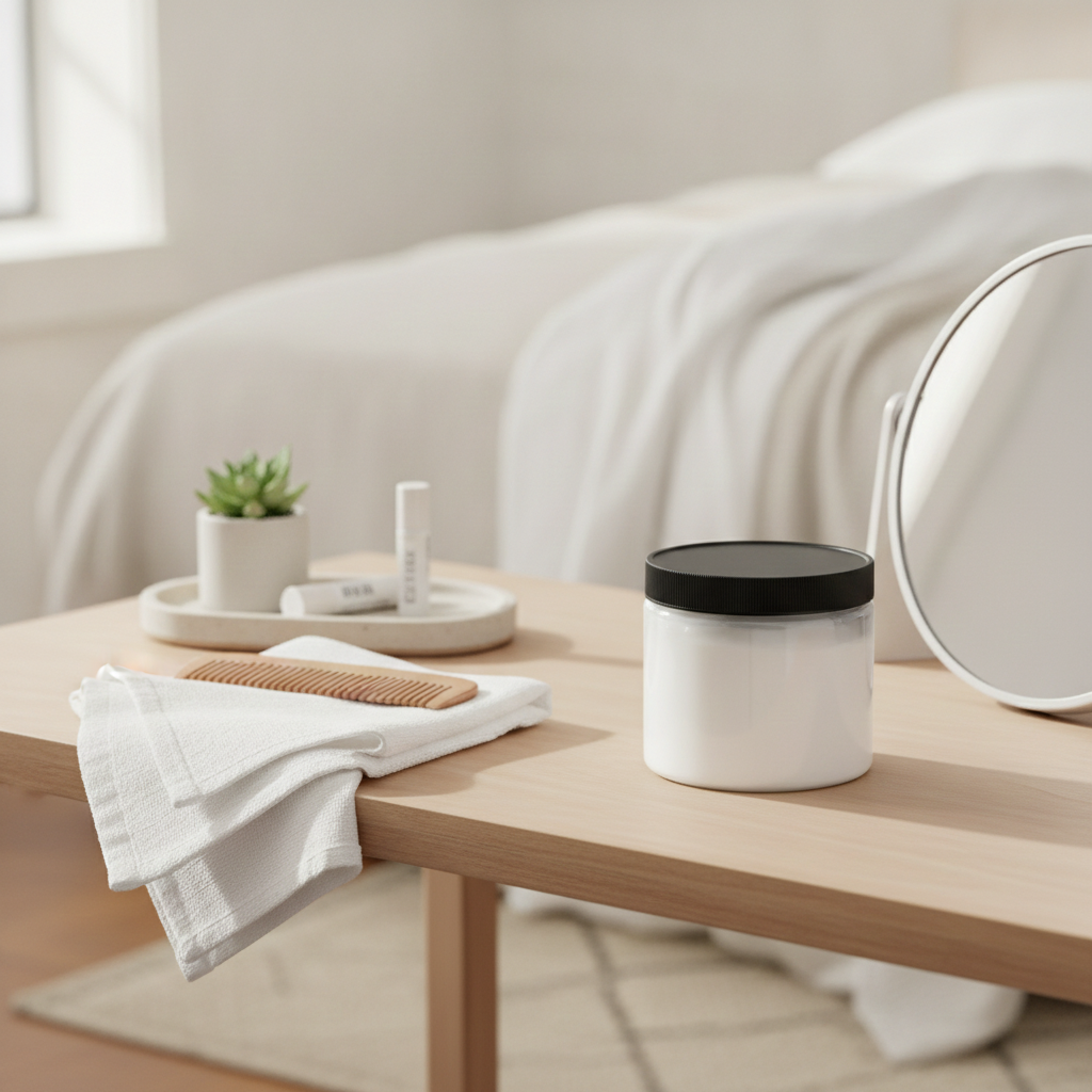 Unscented Smooth Body Cream on a light wood vanity beside folded cloths, a mirror, and simple skincare accessories.