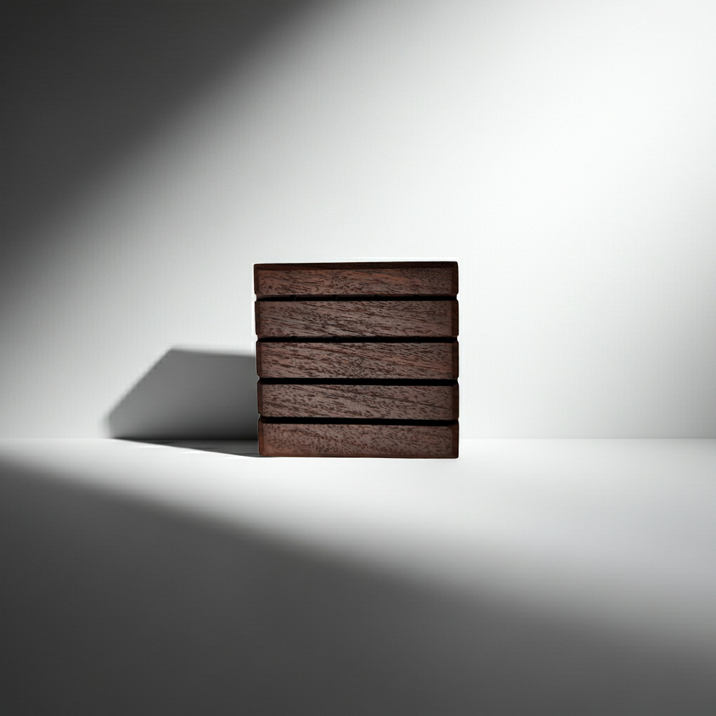 Beveled Edge Walnut wood soap dish standing upright on a white surface with dramatic side lighting and shadow.