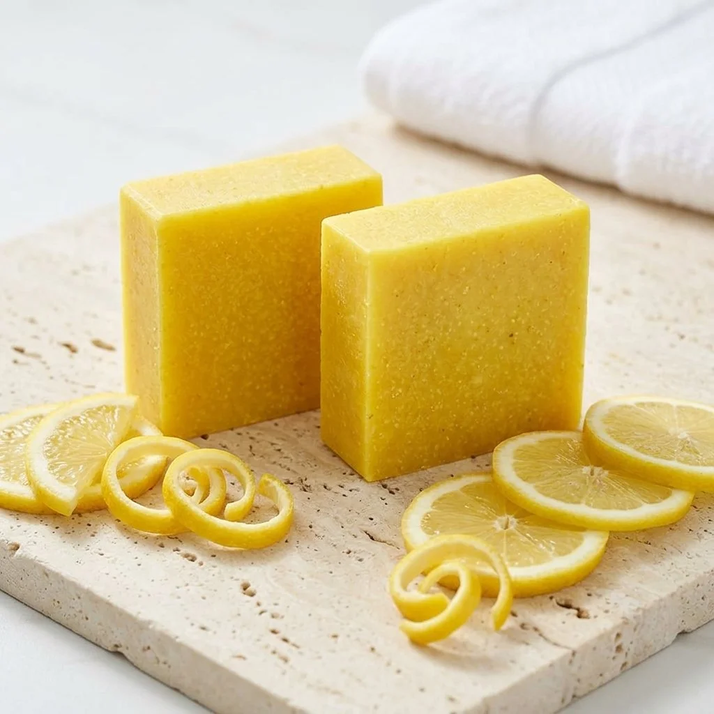 Lemon Zest Soap Bars displayed with lemon slices, lemon peel curls, and folded towels on a light stone surface.