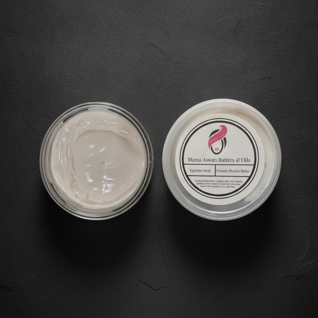 Top-down view of open Creamy Whipped Shealoe Butter beside the labeled lid on a dark background.