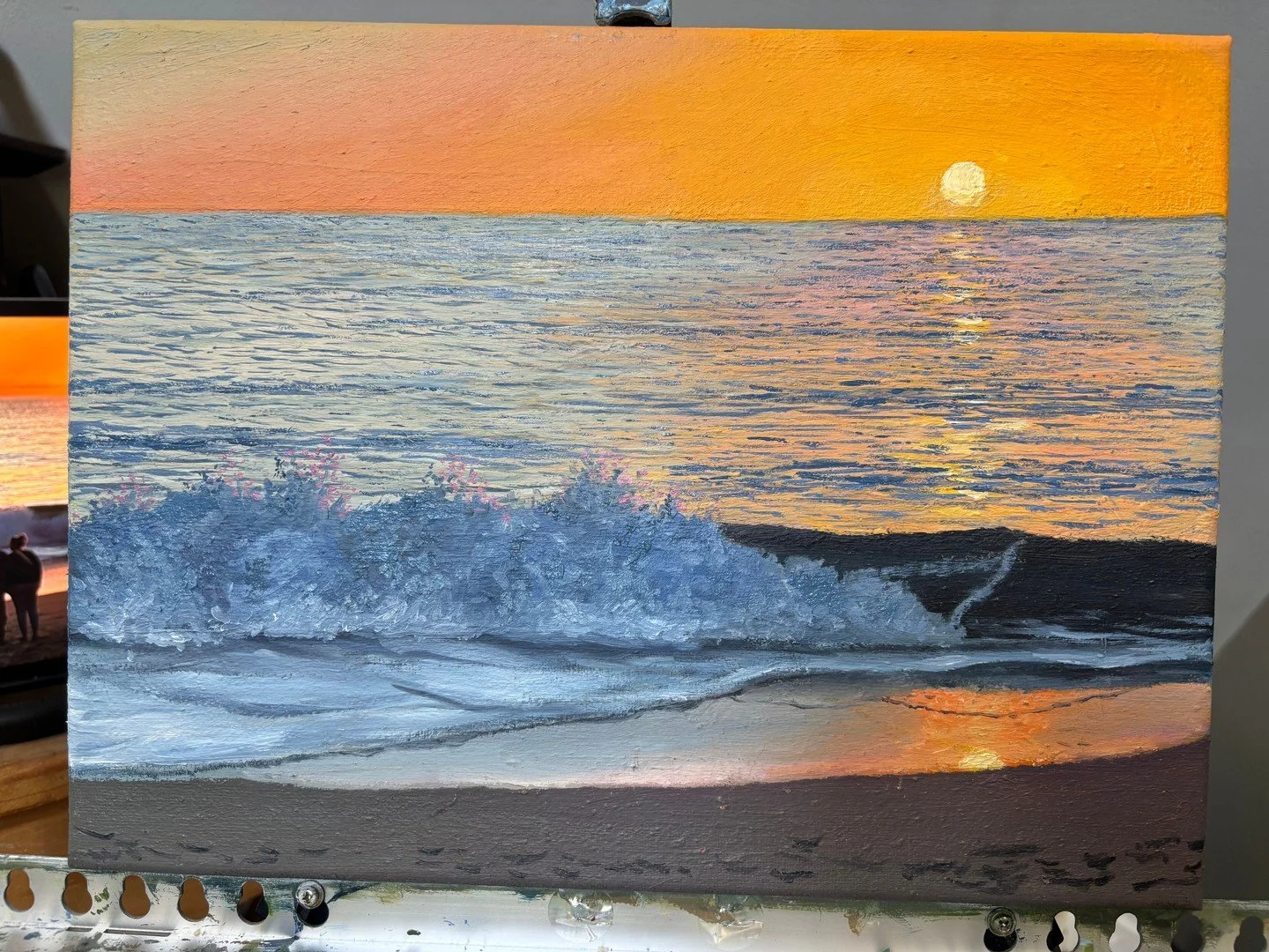 While on a trip along the California coast, some friemds and I stopped at Laguna Beach to watch the sunset. I instantly knew i wanted to paint the scene when I saw the sun cast a pink glow on the waves. It was fun to my friends the little details tha