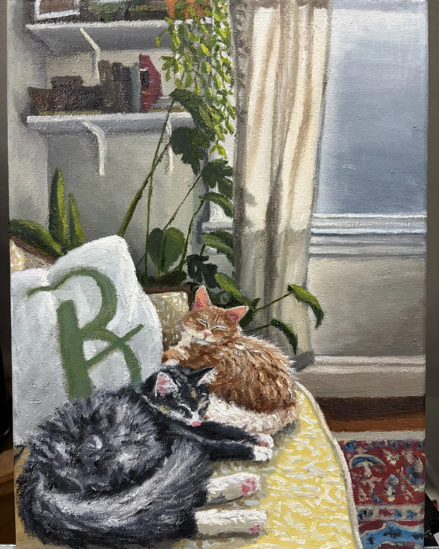 &ldquo;Afternoon Sun&rdquo; 
This painting was a great challenge for me! It opened the door to painting animals and I&rsquo;m excited to do more in the future.
I loved trying out techniques for details such as the couch cushion pattern or the shadows