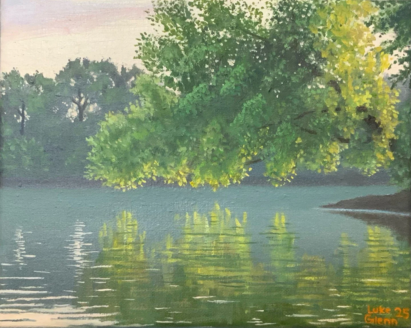 Earlier this year, I was canoeing with a friend and I saw this tree. Immediately, I knew I wanted to paint it.
I liked the vertical reflection that was intersected by horizontal ripples. 
I had fun playing with light and creating the glow of sunlight