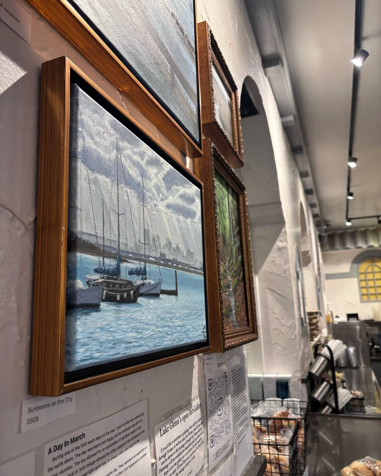 I have some art up at Quebrada Baking co. In Arlington MA
If you haven&rsquo;t been by to see it, stop by to check it out while you sip some coffee or munch on a snack.
These are all themed &ldquo;A Day In March&rdquo; exploring atmosphere and a colo