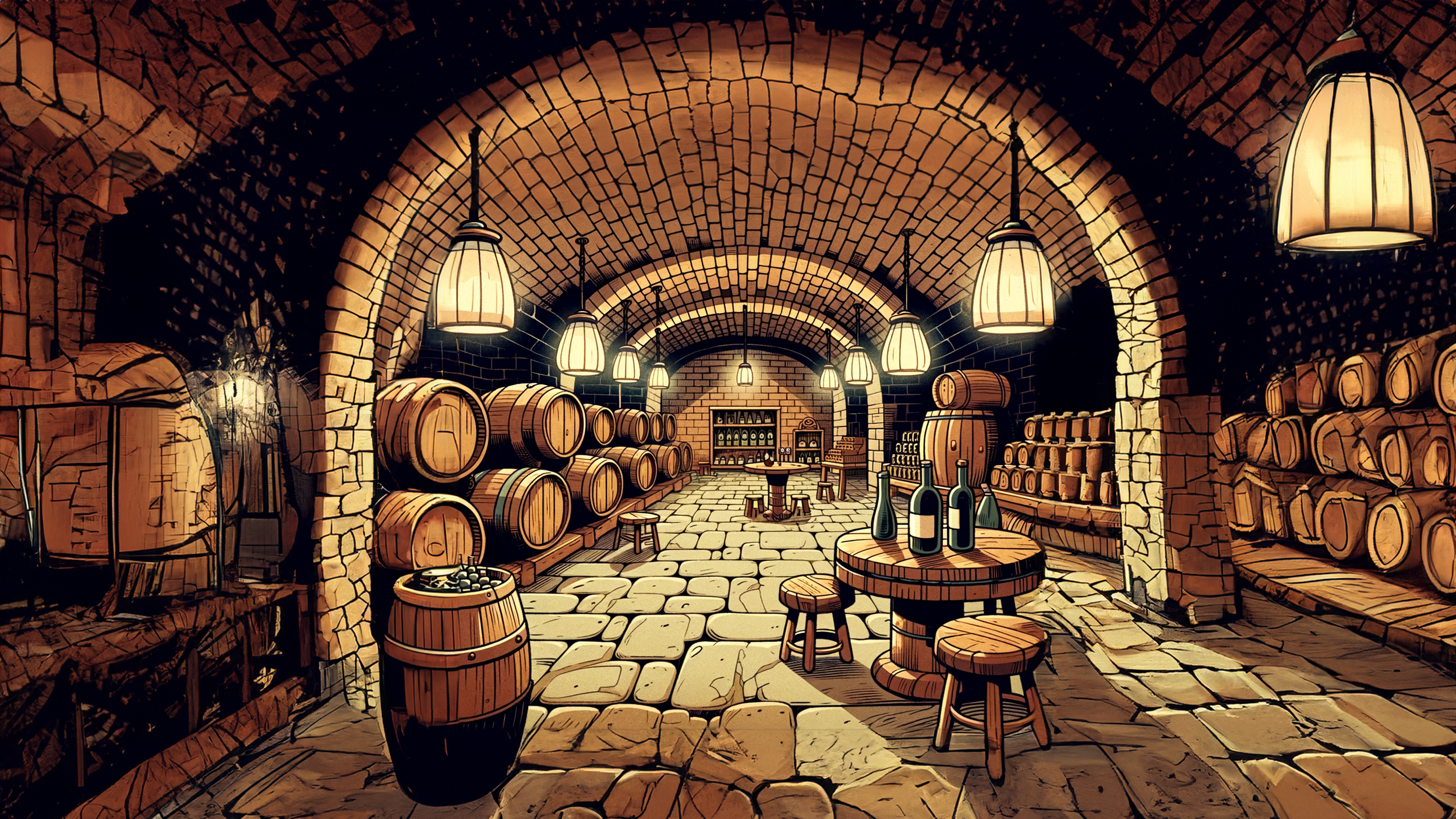 A cozy cellar with arched brick ceilings, lined with wooden barrels, shelves with bottles, and wooden furniture, lit by hanging lamps.