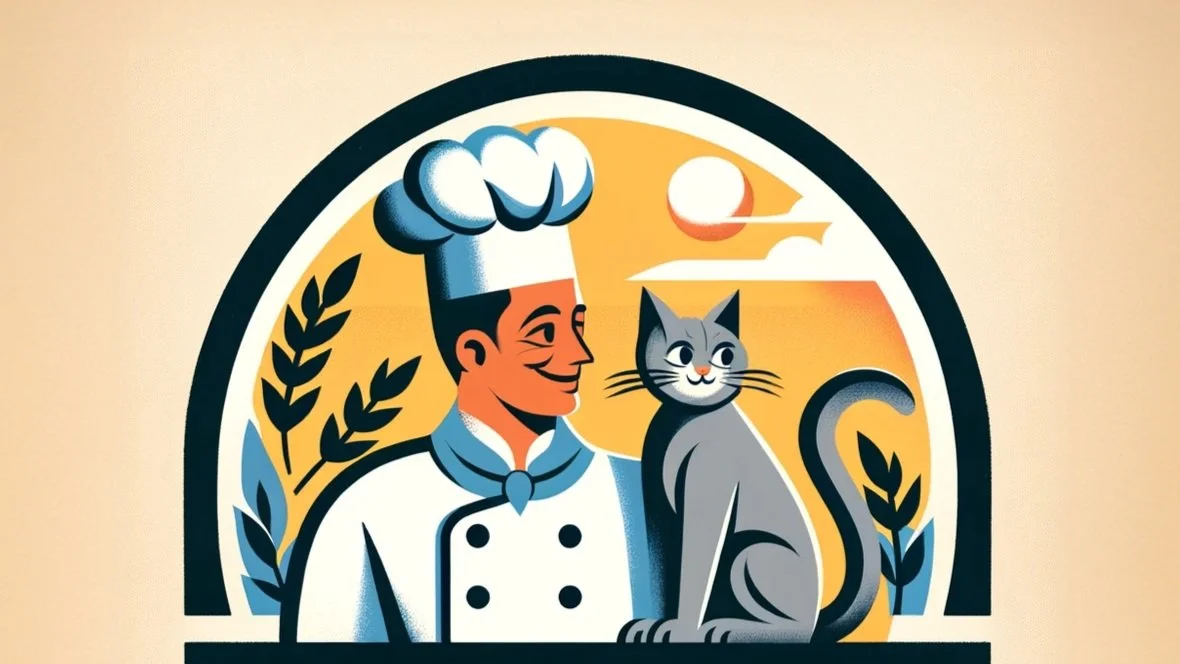 Illustration of a chef wearing a white chef's uniform and hat, standing next to a gray cat with a sunset sky in the background, framed by stylized plants.