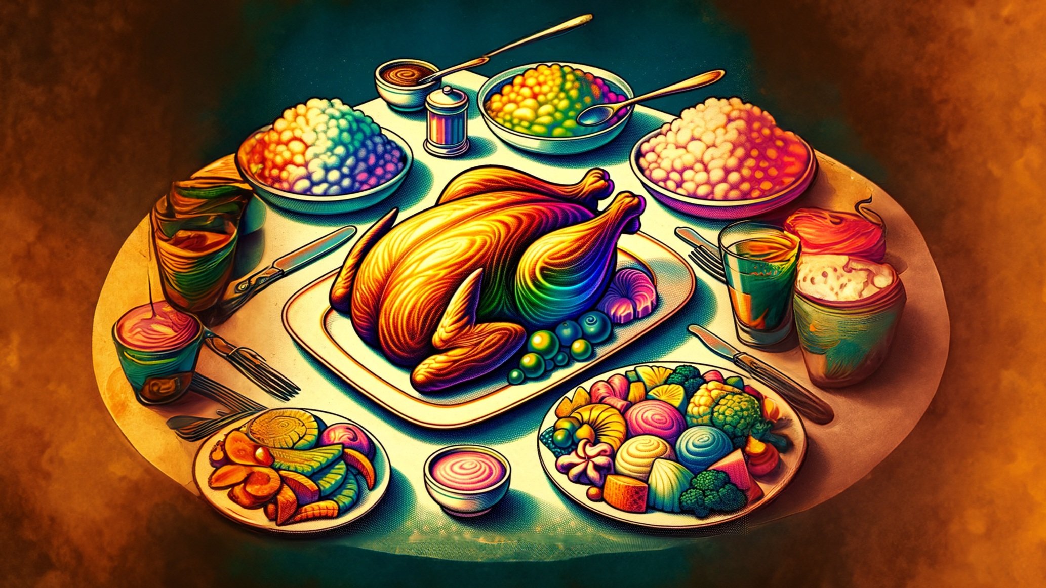 Colorful, stylized illustration of a dinner table with a roasted turkey at the center, surrounded by various bowls of vegetables, mashed potatoes, and side dishes, with utensils and glasses set around the table.