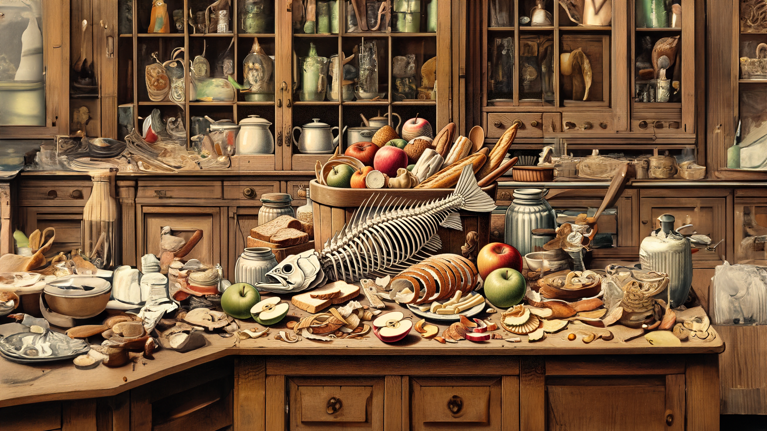 A cluttered wooden kitchen counter with apples, bread, a fish skeleton, and various food items and containers, against wooden cabinets.