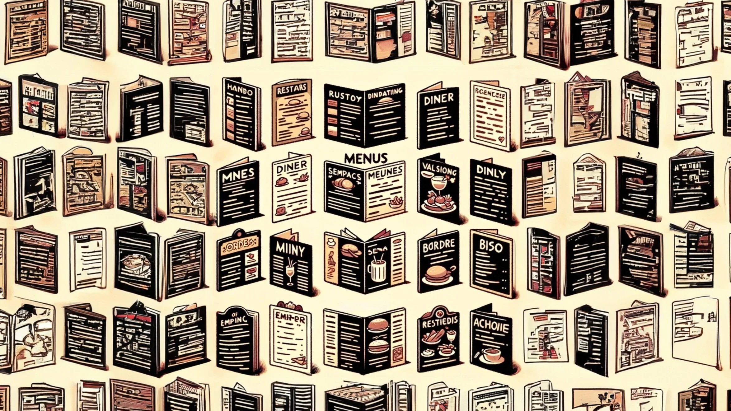 A wall decorated with numerous illustrated menus and booklets, showcasing a variety of food items and restaurant offerings, arranged in multiple rows and columns.