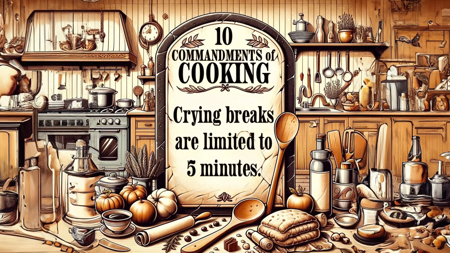 A rustic kitchen with wooden cabinets, shelves with cooking utensils, and various kitchen appliances. A framed sign in the center reads '10 Commandments of Cooking: Crying breaks are limited to 5 minutes.' Surrounding the sign are pumpkins, a cup of coffee, a rolling pin, a wooden spoon, spices, and other cooking ingredients and tools.