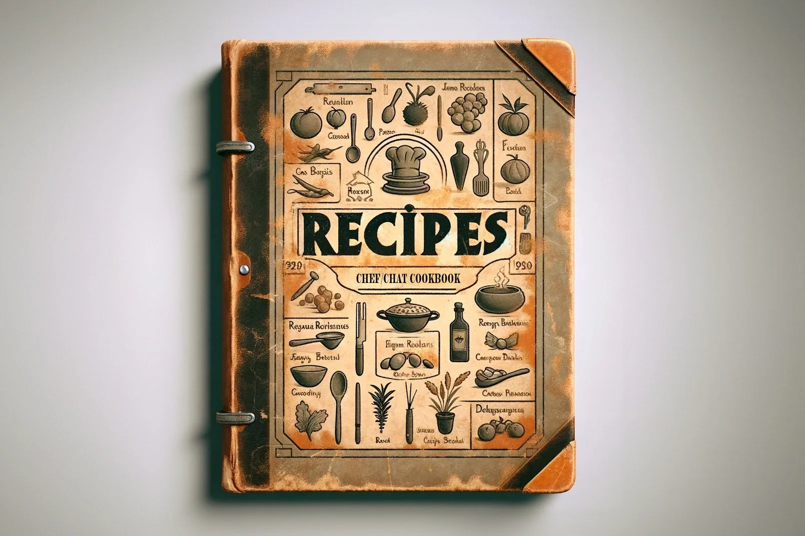 A vintage cookbook titled 'Recipes' with illustrations of various vegetables, herbs, and cooking utensils on the cover.