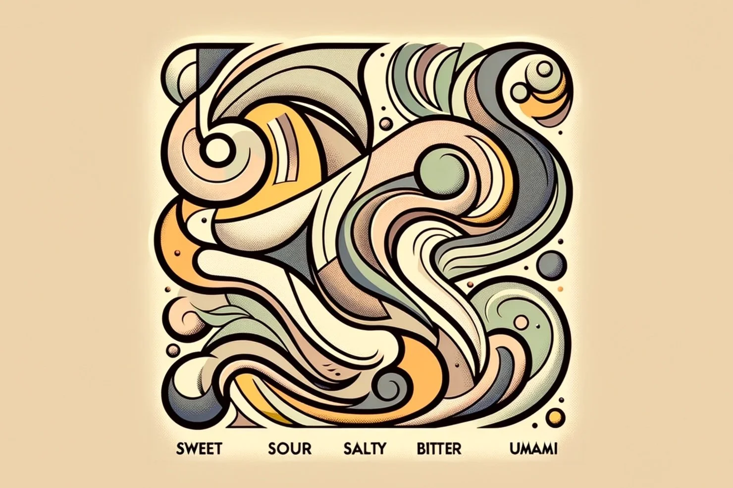 An abstract, colorful swirl pattern with words at the bottom reading 'Sweet, Sour, Salty, Bitter, Umami'.