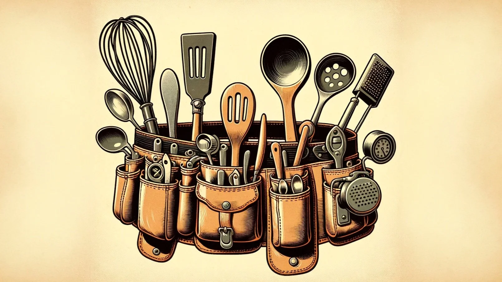 Illustration of a tool belt filled with various kitchen utensils such as spoons, spatulas, whisks, and grater.