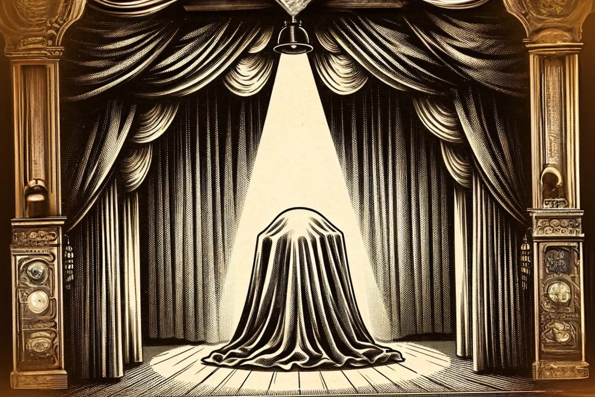 A stage with a spotlight shining on a cloth-covered object in the center, with ornate curtains and wooden columns framing the stage.