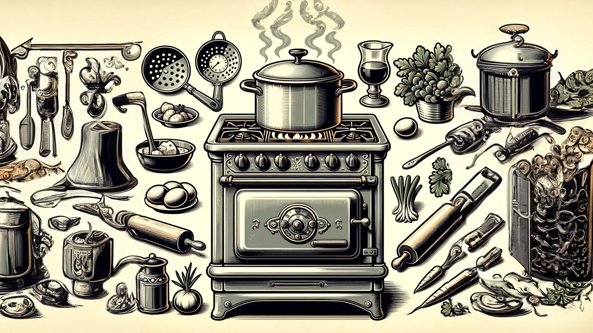 Black and white illustrated kitchen scene with stove at the center, surrounded by cooking utensils, vegetables, spices, and kitchen appliances.