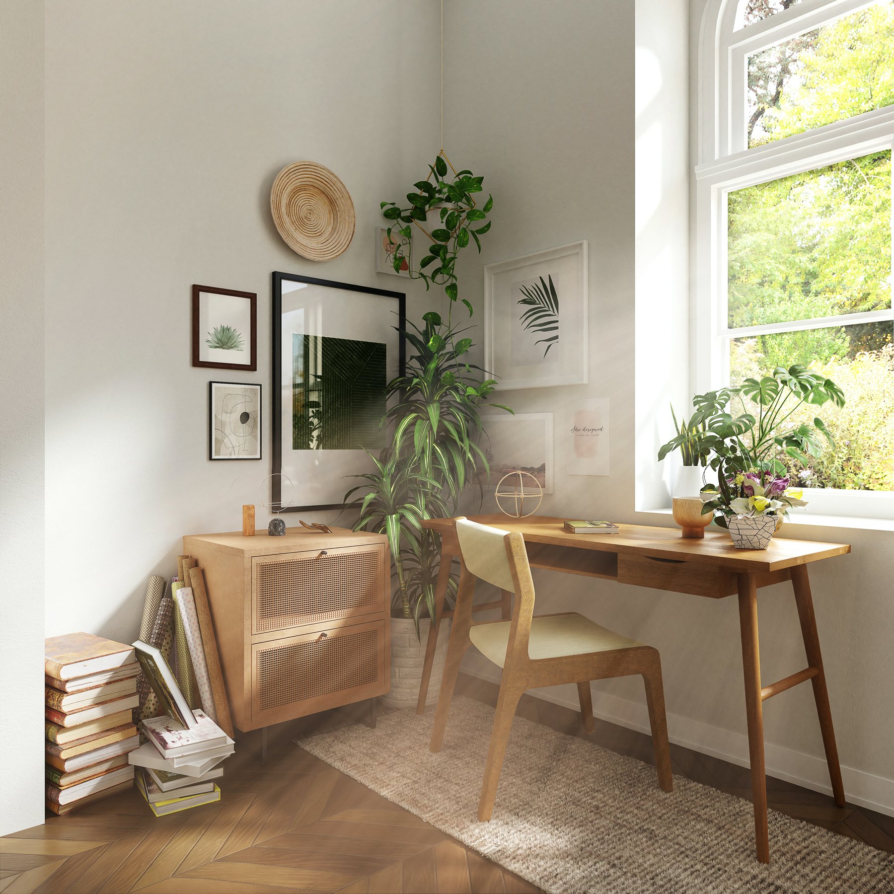 contemporary home office space with timber desk and plants