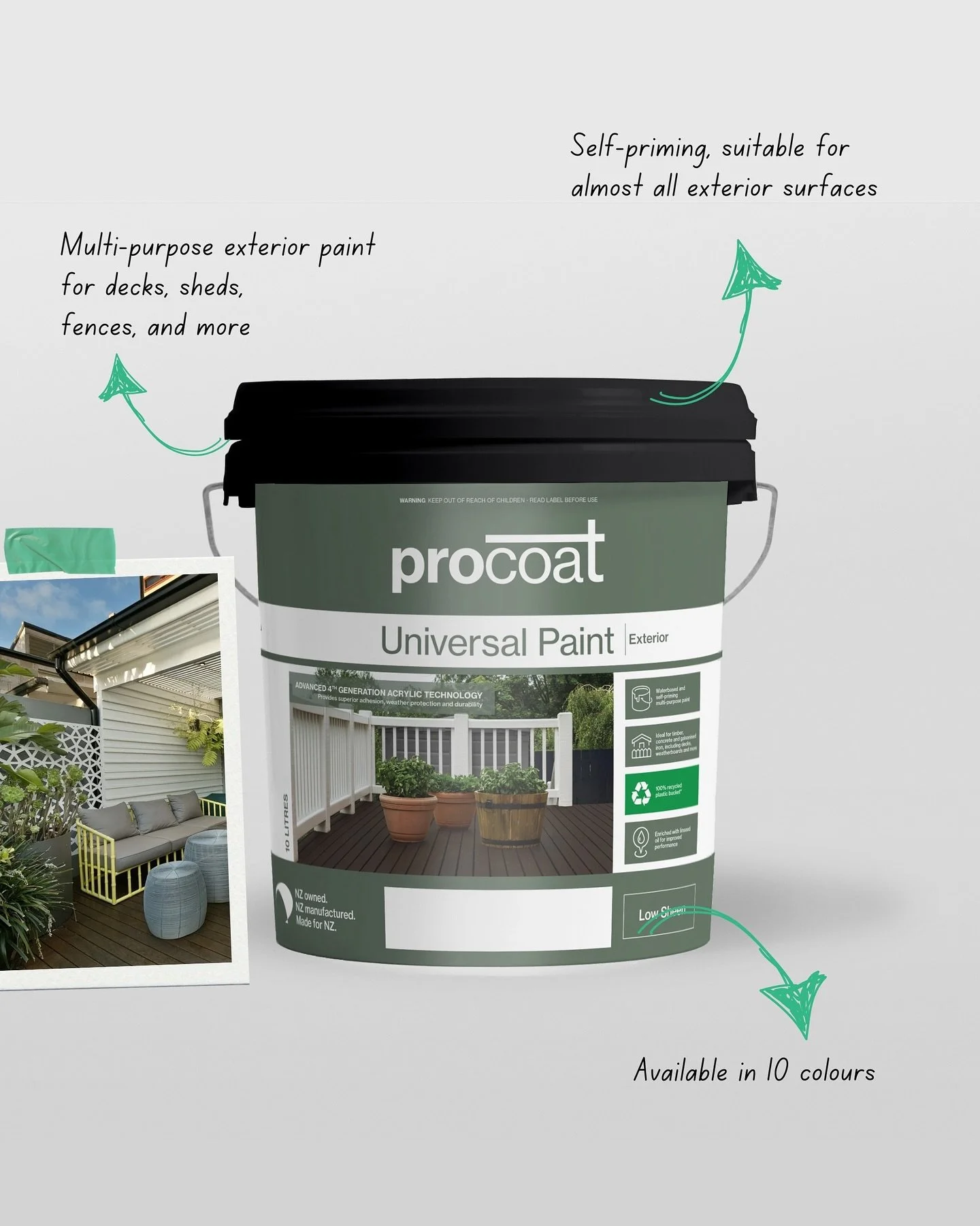 Our Universal Paint is a multi-purpose, self priming acrylic paint for use on all common exterior substrates including timber, weatherboards, galvanised iron and concrete.

Enhanced with linseed oil to improve penetration, Procoat Universal is ideal 