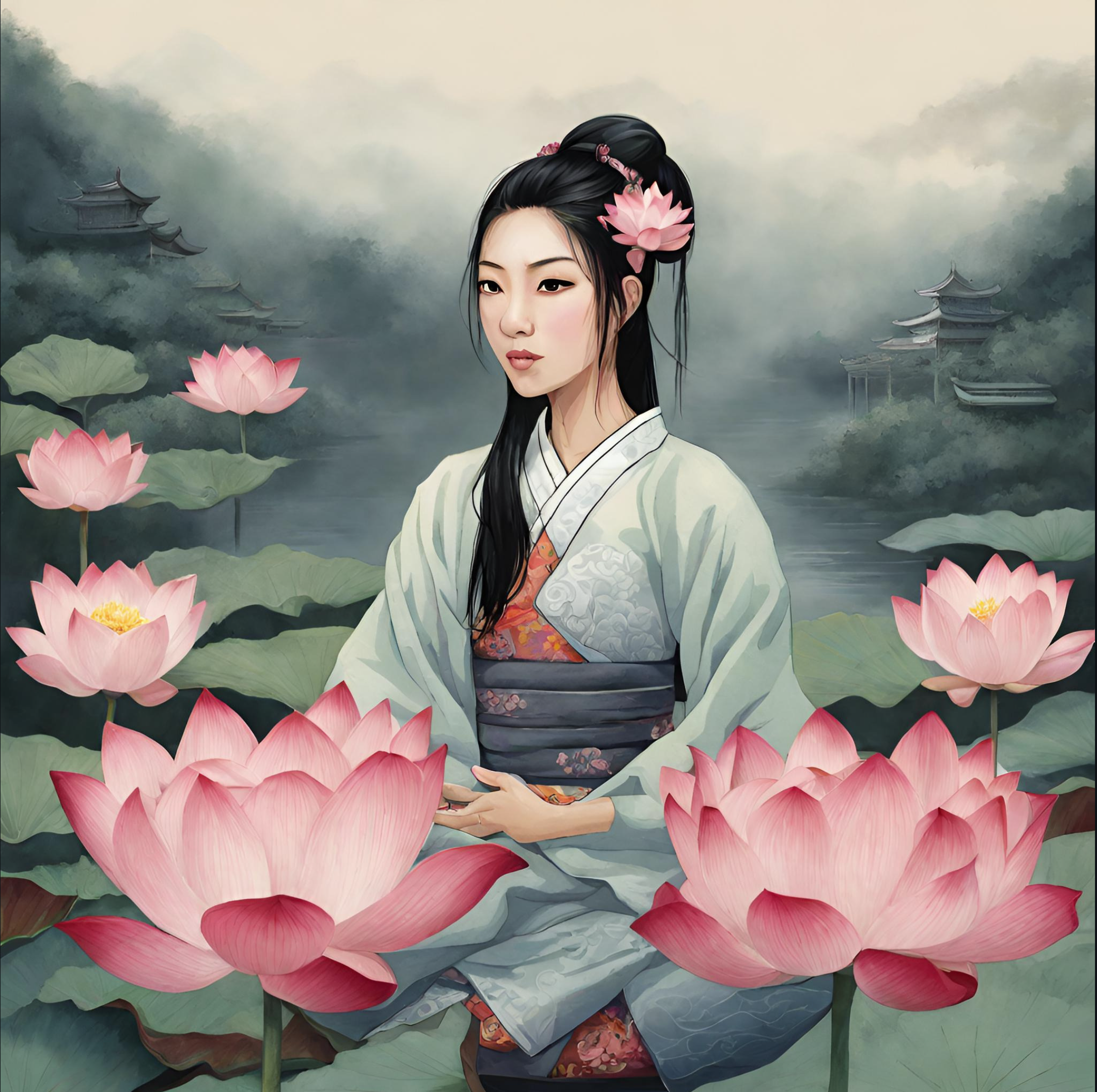 Digital artwork of an Asian woman with black hair styled with pink flowers, wearing traditional Asian attire, sitting among pink lotus flowers in a misty pond with traditional Asian buildings in the background.