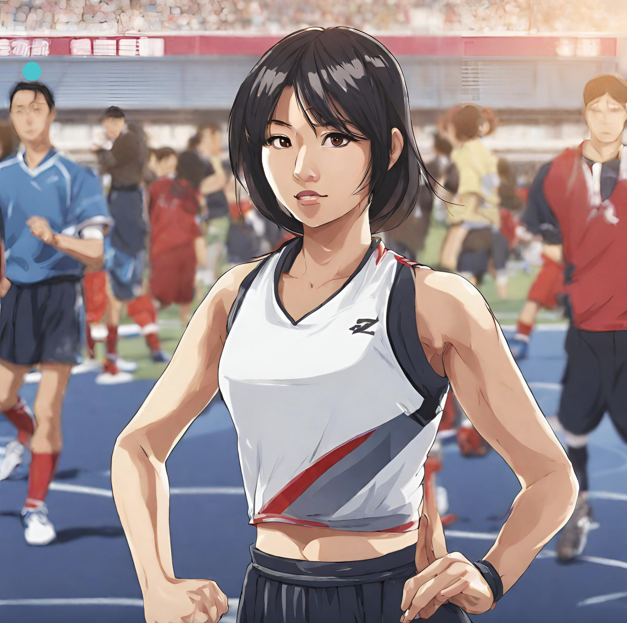 A digital illustration of a young woman with short black hair and athletic build, standing confidently on a track field with her hand on her hip, surrounded by other athletes and spectators.