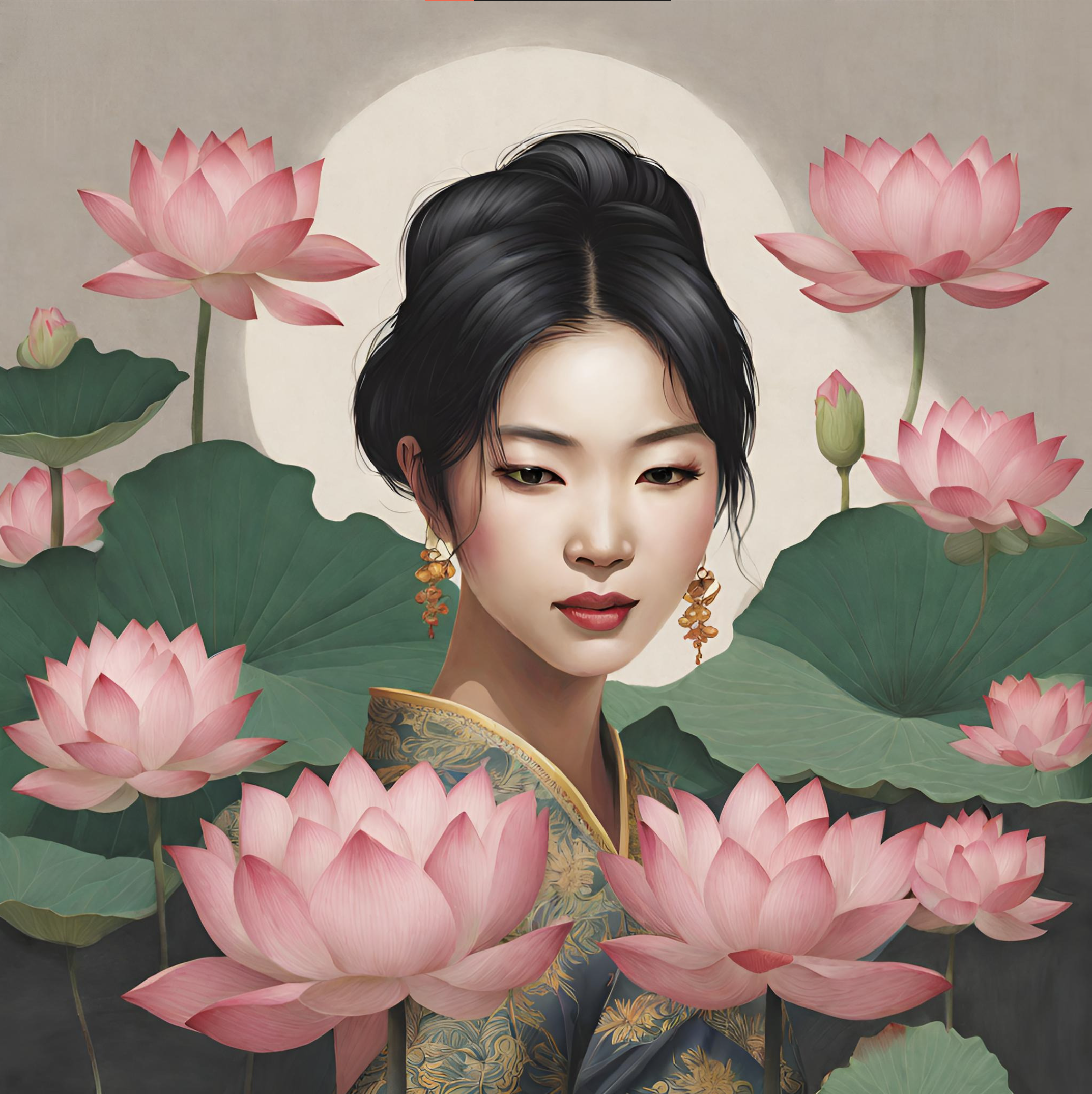A digital painting of a woman with black hair, wearing traditional clothing, surrounded by pink lotus flowers and green leaves, with a moon in the background.