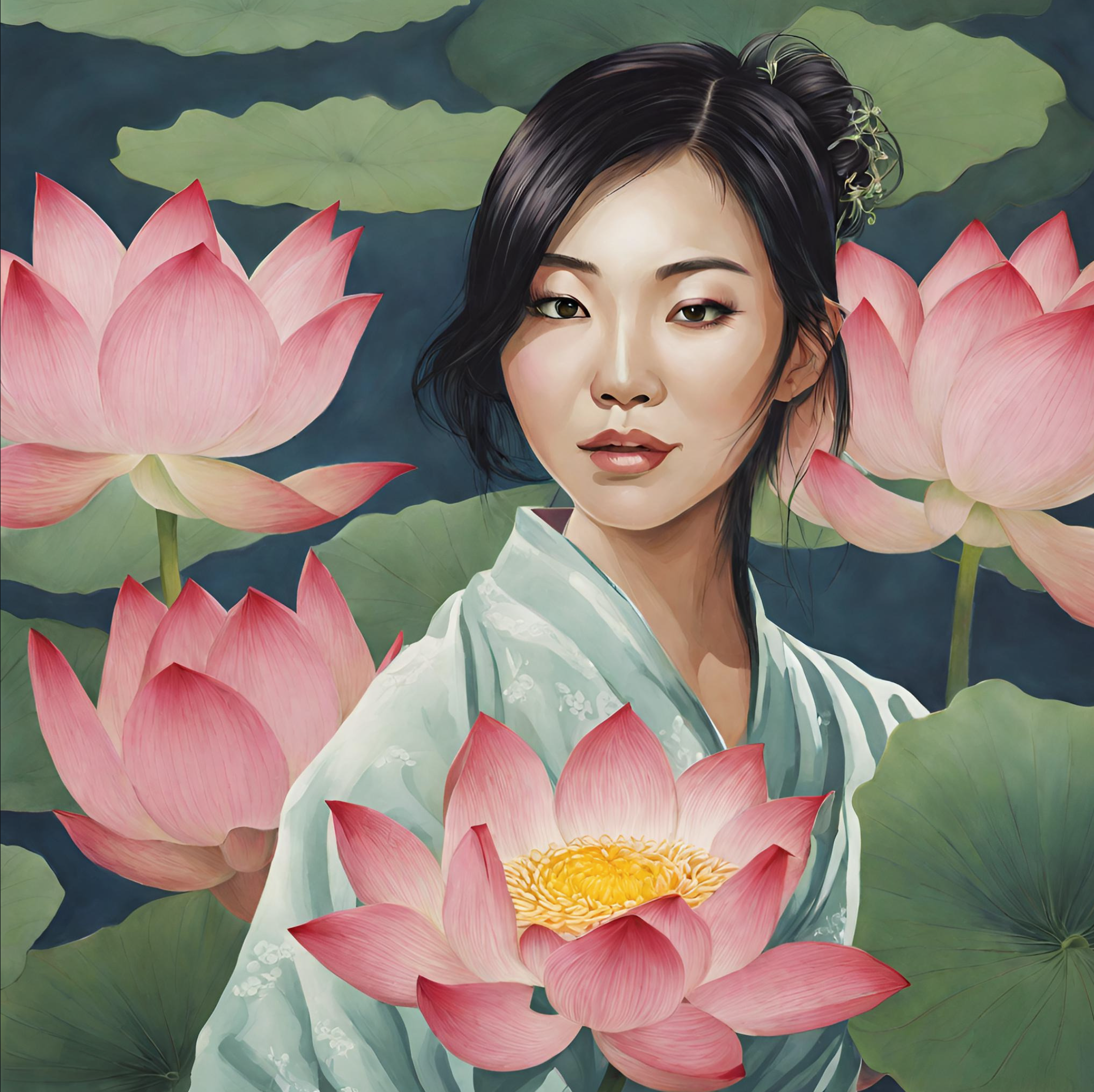 Digital painting of an Asian woman with short black hair, wearing a traditional light-colored garment, surrounded by pink lotus flowers and green lily pads in a pond.