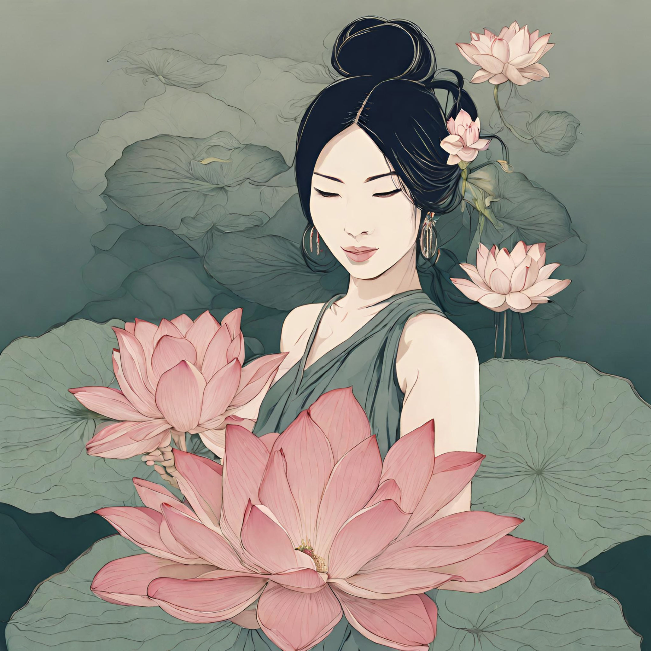 Illustration of a serene woman with black hair styled in an updo, surrounded by large pink lotus flowers and green lily pads on a water surface.