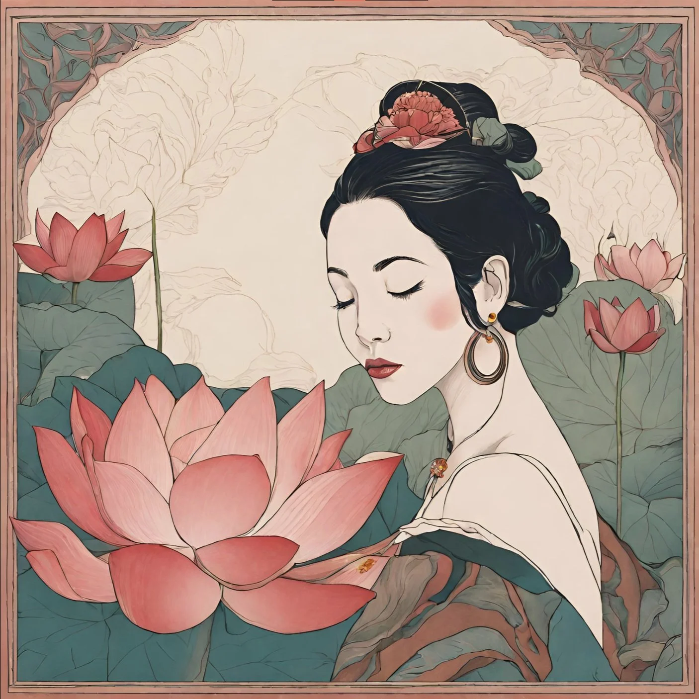 A stylized digital illustration of a woman with black hair adorned with a pink flower, closed eyes, and a peaceful expression, surrounded by pink lotus flowers and green lily pads in a serene pond setting.