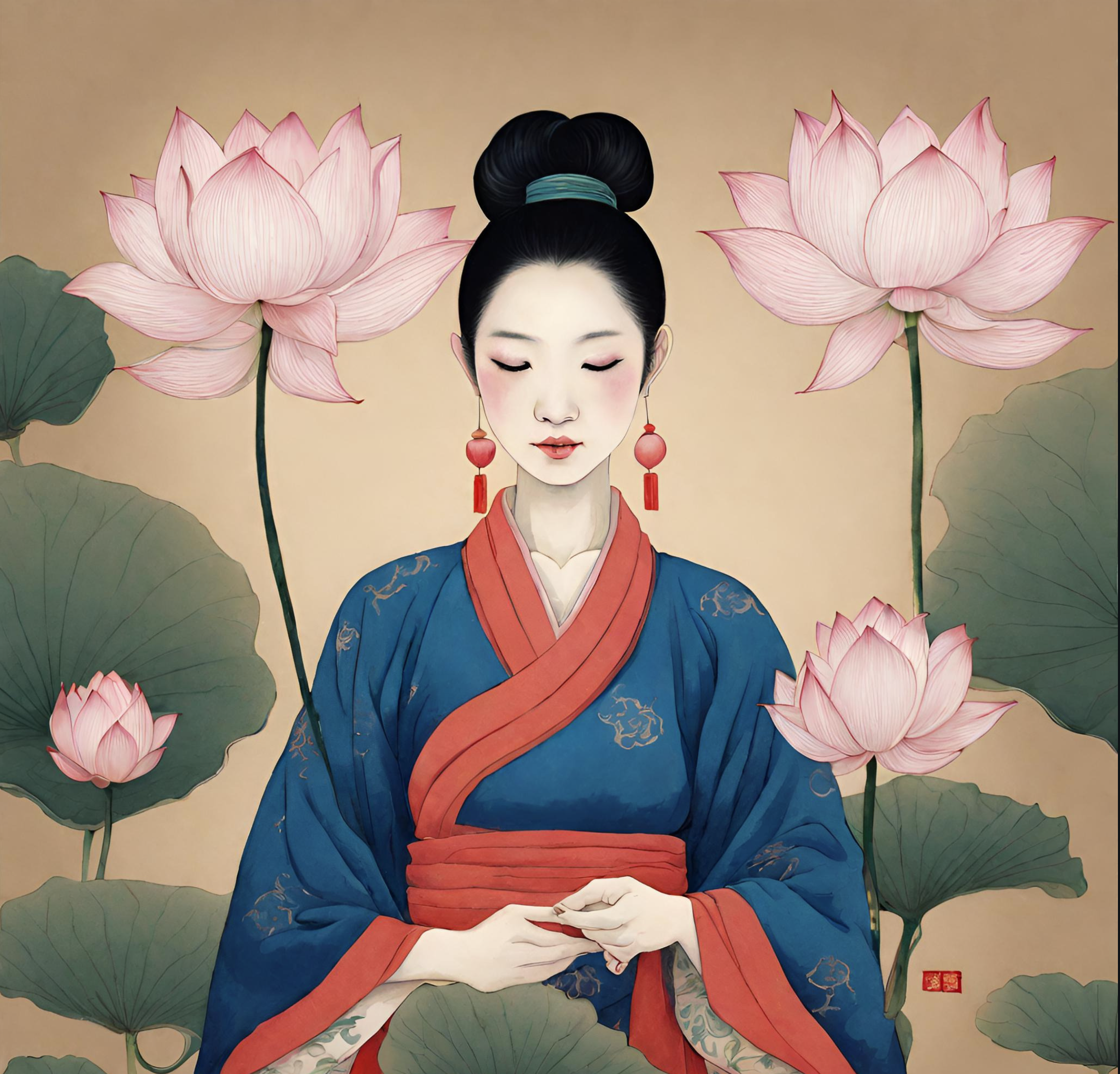 A beautiful illustration of an Asian woman in traditional clothing, with her eyes closed, surrounded by pink lotus flowers and large green lotus leaves.