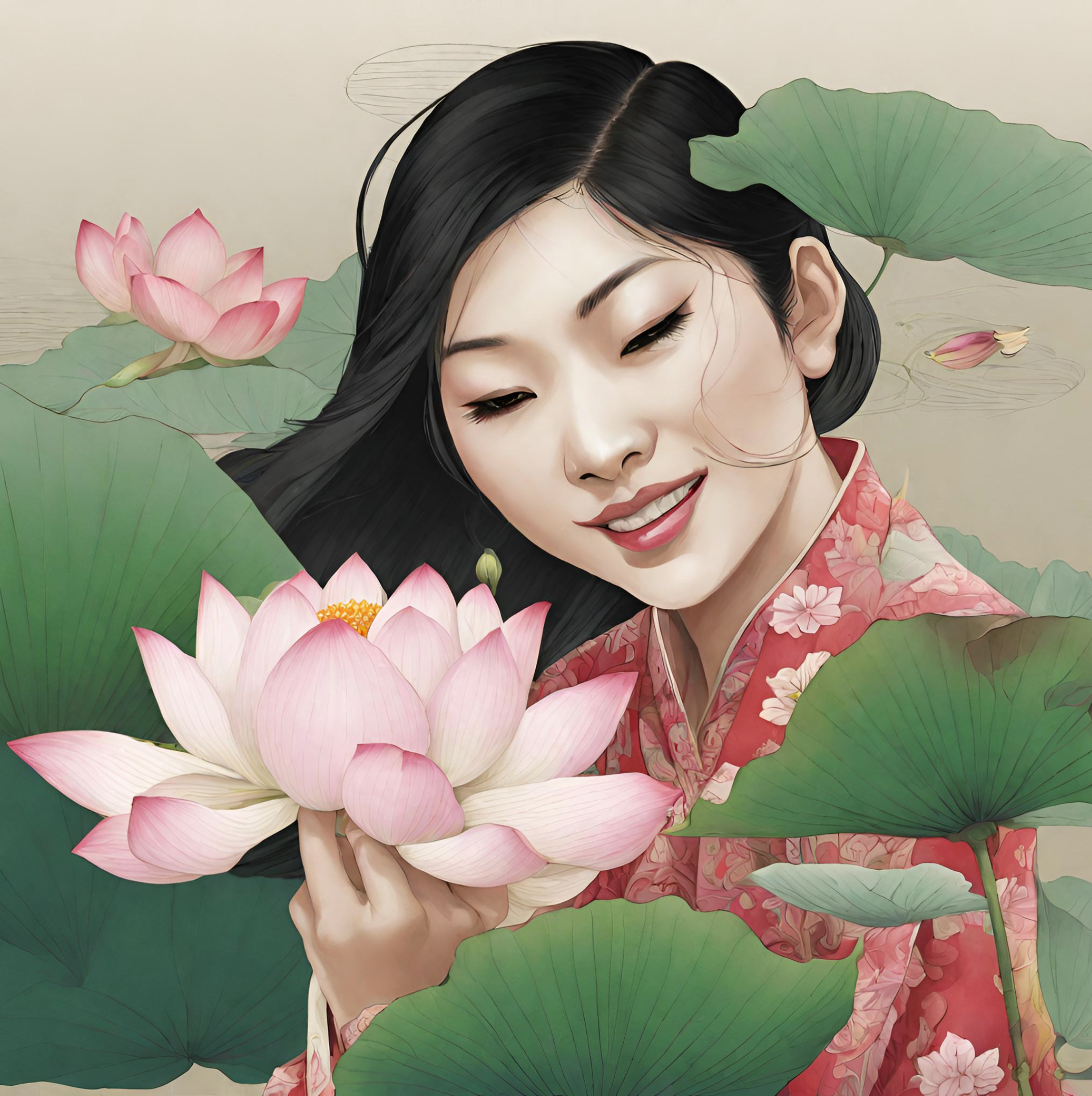 Digital illustration of a young Asian woman with long black hair, wearing a pink floral traditional dress, holding a pink and white lotus flower surrounded by large green lotus leaves, with a serene smile and closed eyes.