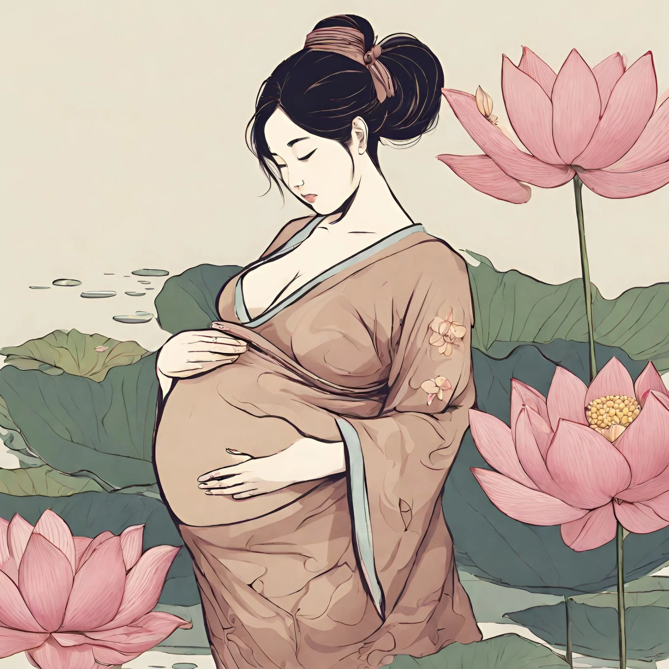 Stylized illustration of a pregnant woman with dark hair tied up in a bun, wearing traditional kimono, gently touching her belly amid pink lotus flowers and green leaves on a pond.