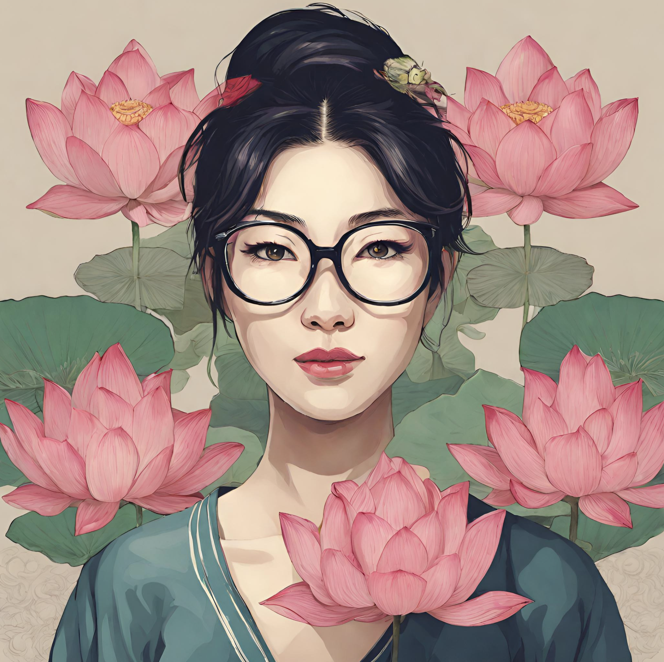 Digital illustration of a woman with short dark hair, glasses, and red lipstick, surrounded by pink lotus flowers and green lotus leaves.