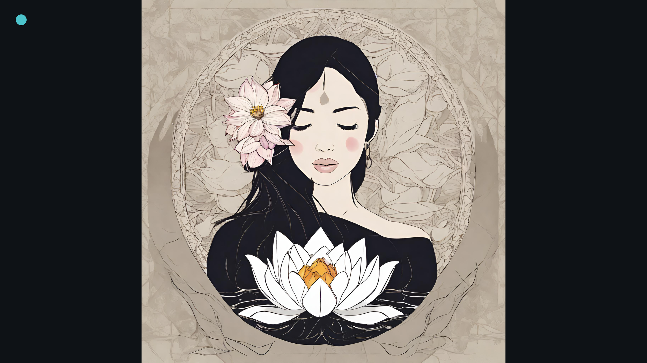 An illustration of a woman with long black hair, closed eyes, and a calm expression, adorned with pink flowers in her hair, surrounded by lotus flowers, in a circular background with lotus leaf patterns.