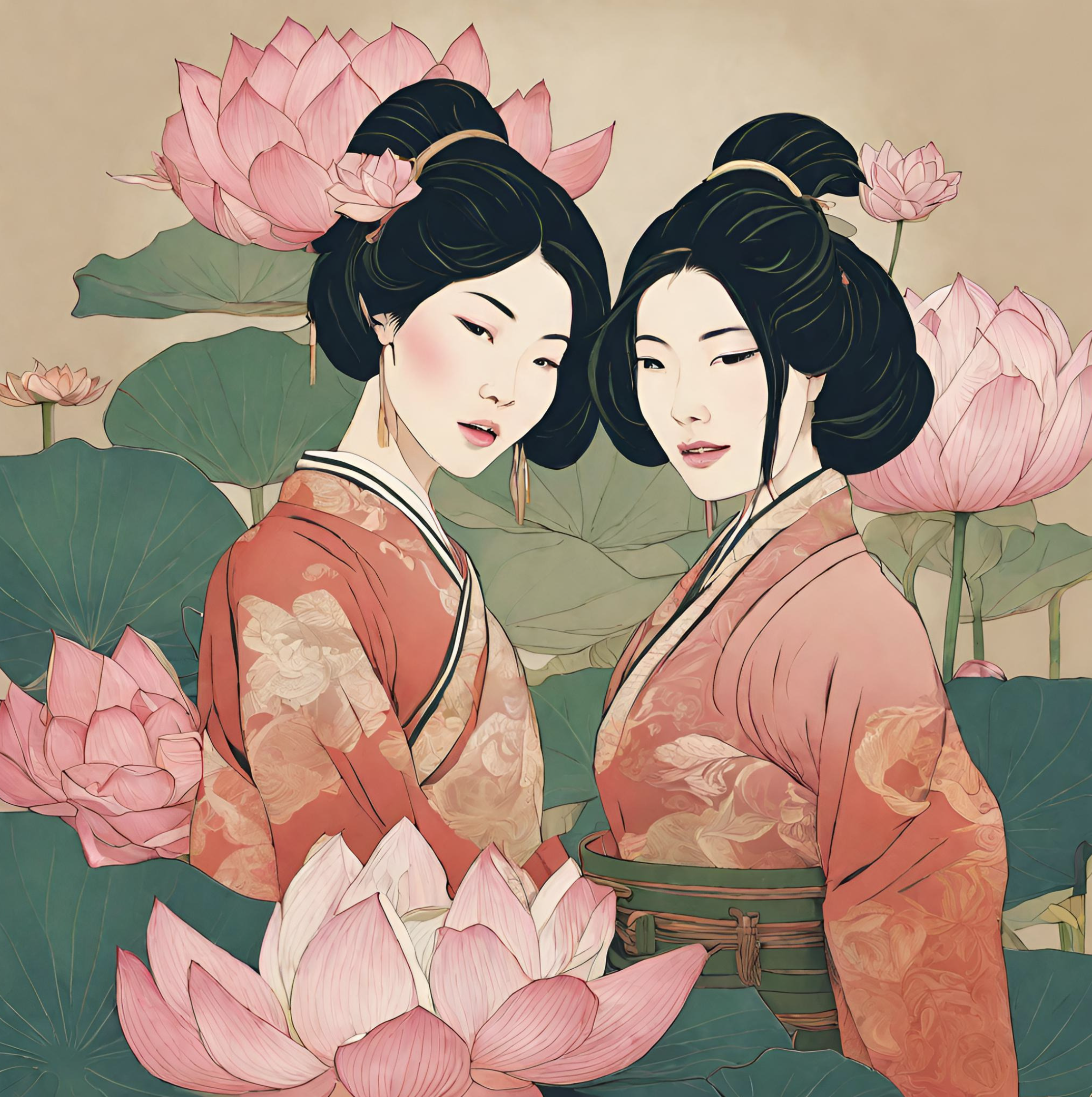 Anime-style illustration of two women in traditional kimonos surrounded by pink lotus flowers and green lotus leaves.