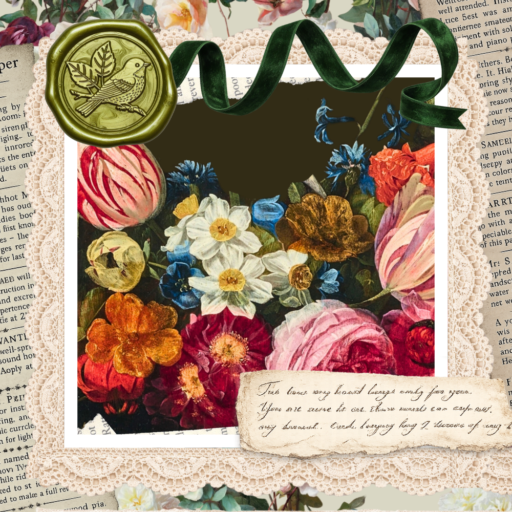 Collage art integrating wax seals, lace, newsprint, and velvet ribbon.