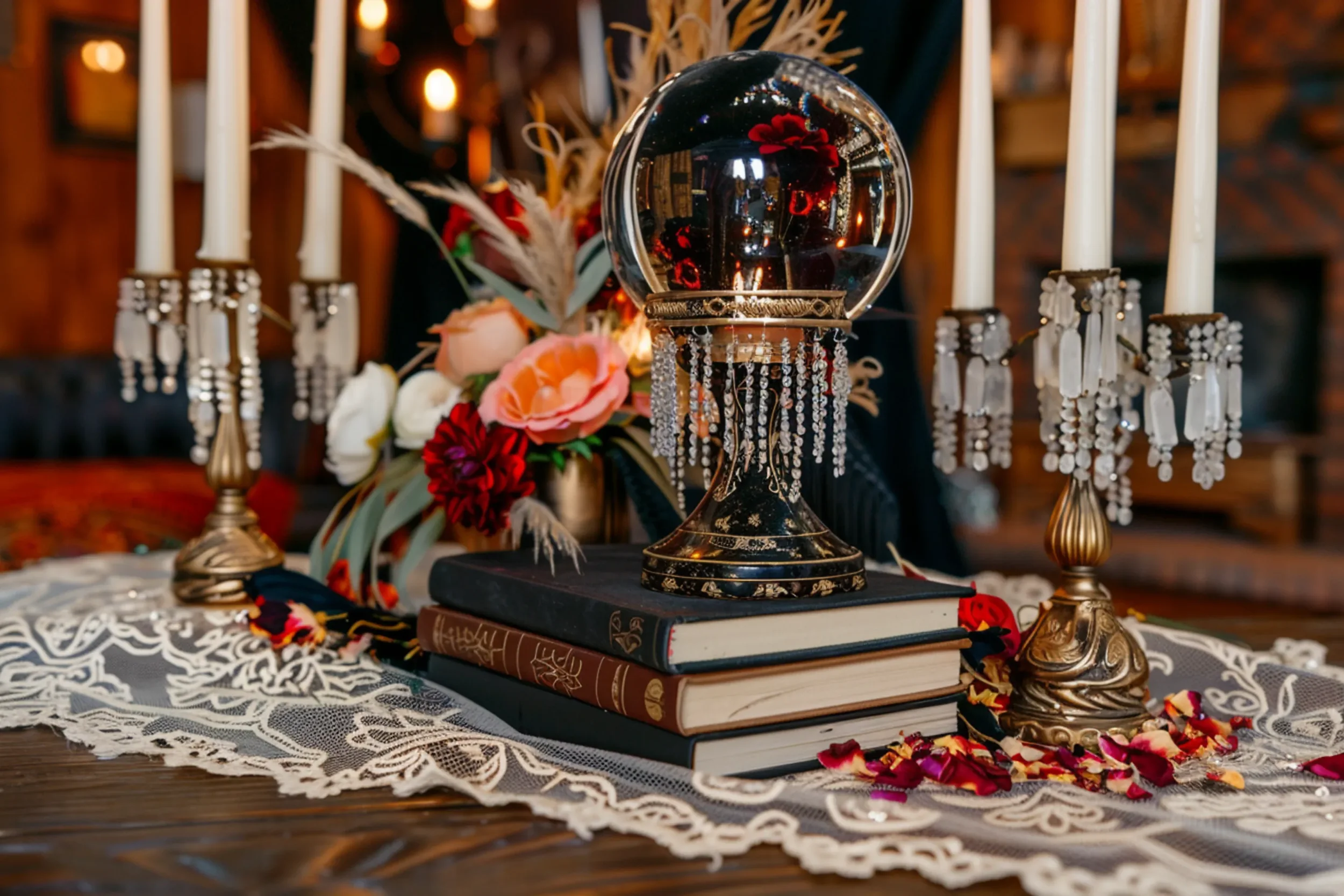 Decorative table setting with books, a glass sphere, crystal chandeliers, and a floral arrangement on a lace tablecloth.