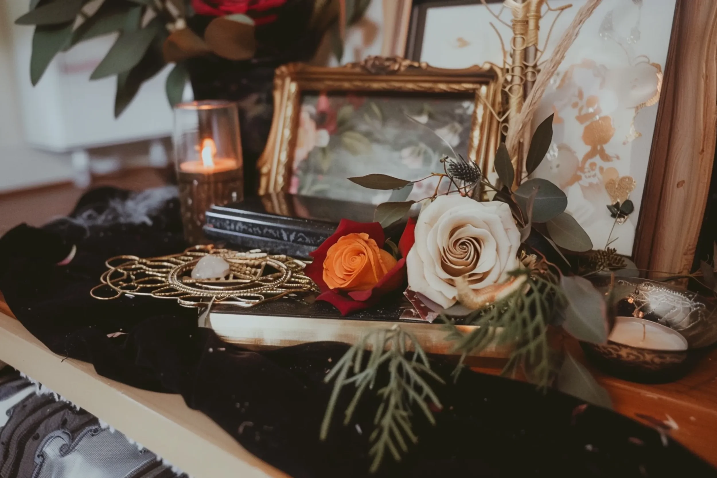 A collection of jewelry, flowers, a candle, and decorative frames on a black cloth on a wooden surface.