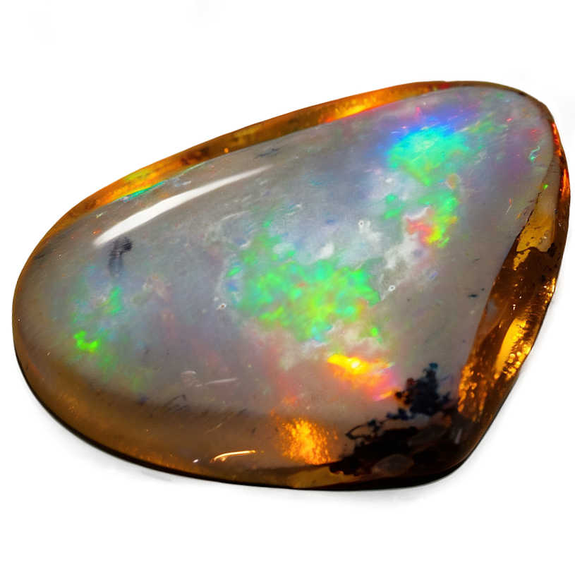 A polished opal gemstone displaying vibrant rainbow colors with a smooth surface and gold-colored edges.