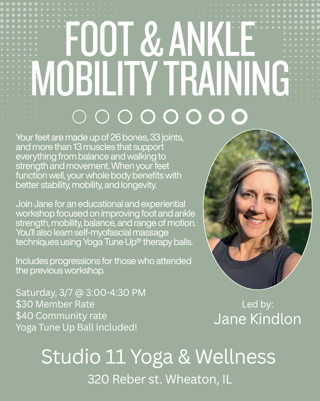 A person resting in a fabric hammock in a yoga studio with a textured blue wall, a large framed mountain landscape painting, and a potted plant on a wooden shelf. The image includes text about a restorative aerial yoga class scheduled for Friday, February 20th, from 7:00 to 8:30 PM, hosted by Studio 11 Yoga & Wellness.