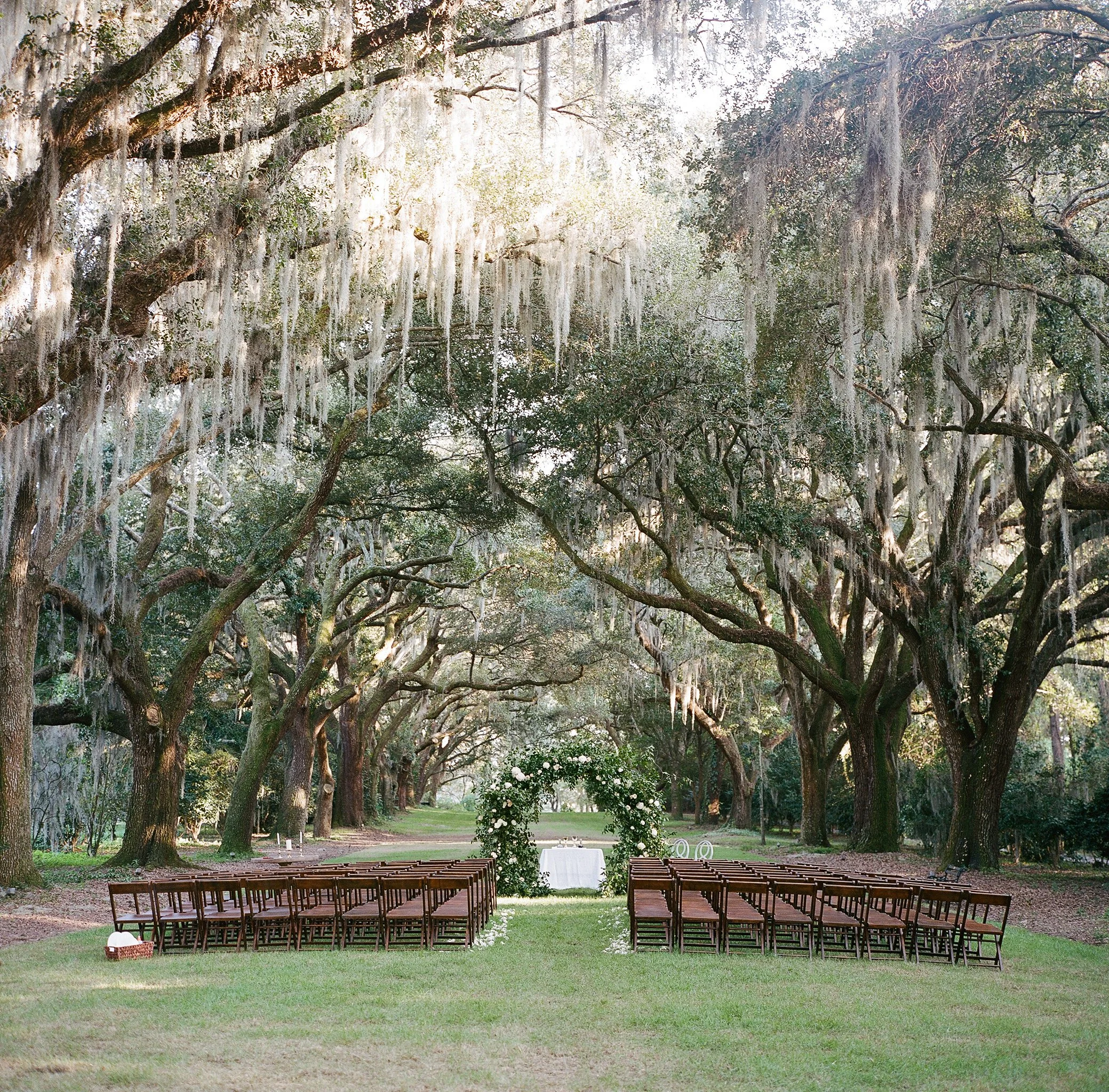 Outdoor Charleston wedding ceremony at Legare Waring House with oak canopy