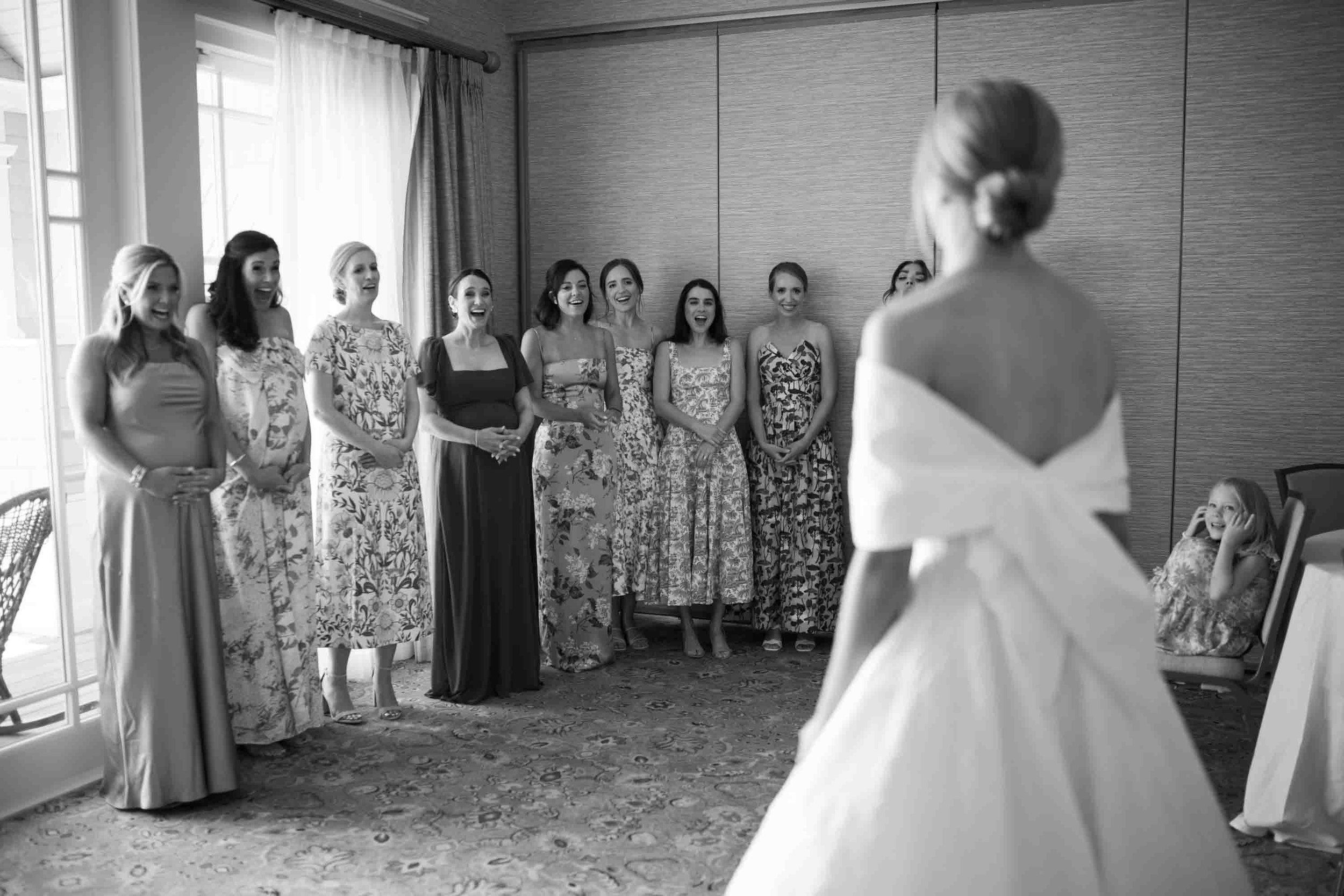 Bridesmaids reaction getting ready kiawah island wedding candid bridal party moment