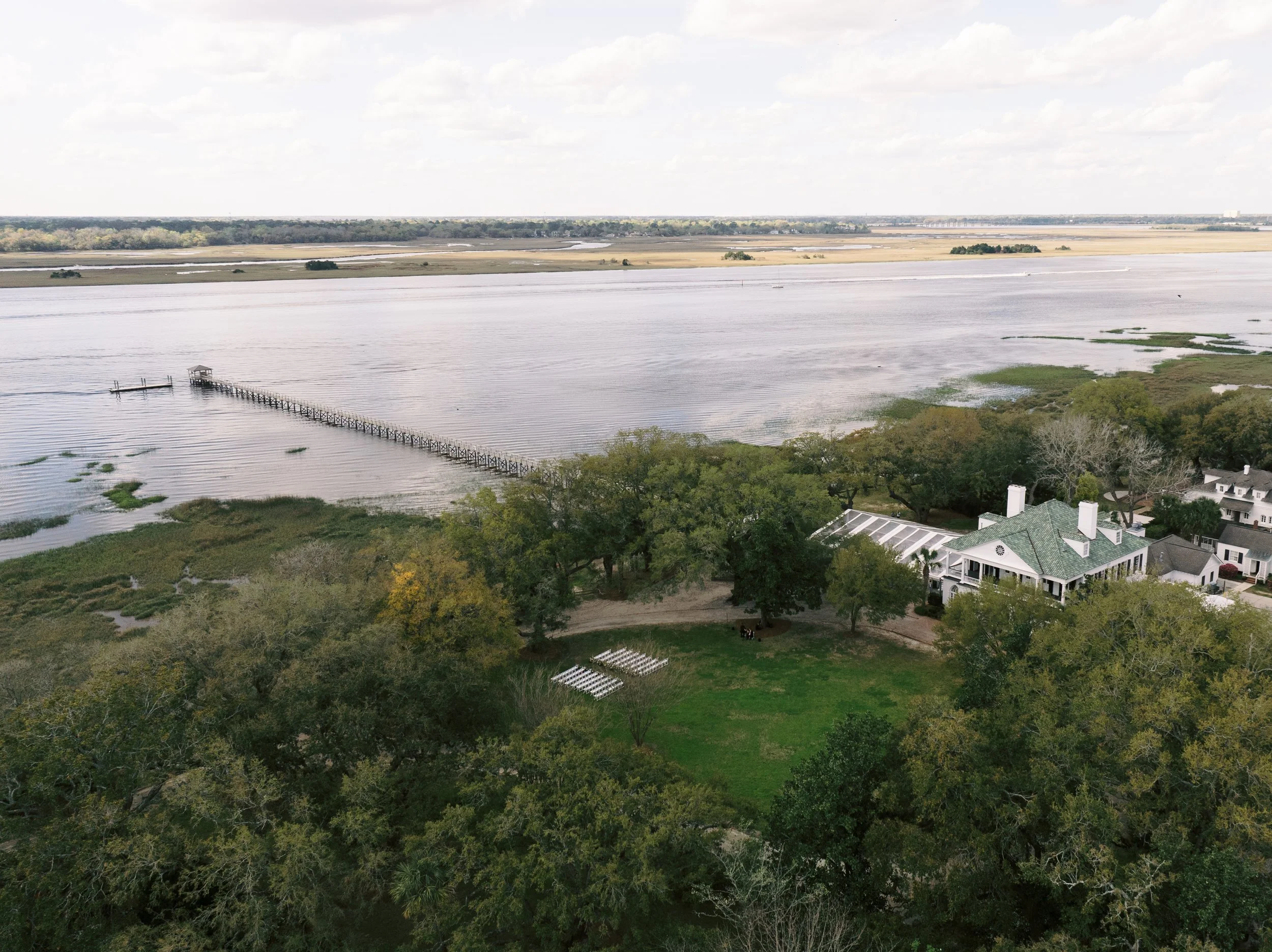 Aerial drone view of Lowndes Grove waterfront wedding venue in Charleston South Carolina