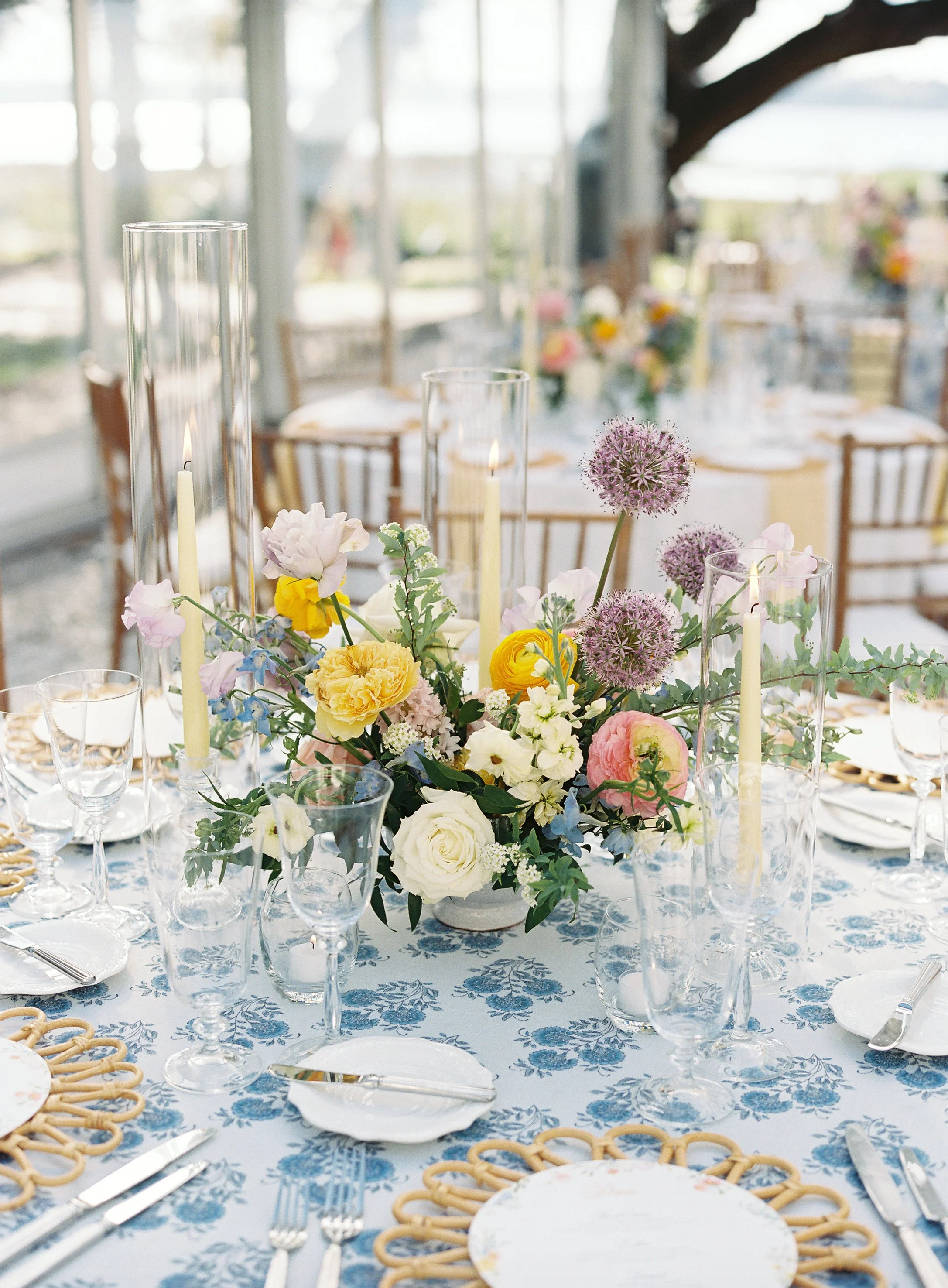Blue and White wedding reception details during a lowndes grove wedding